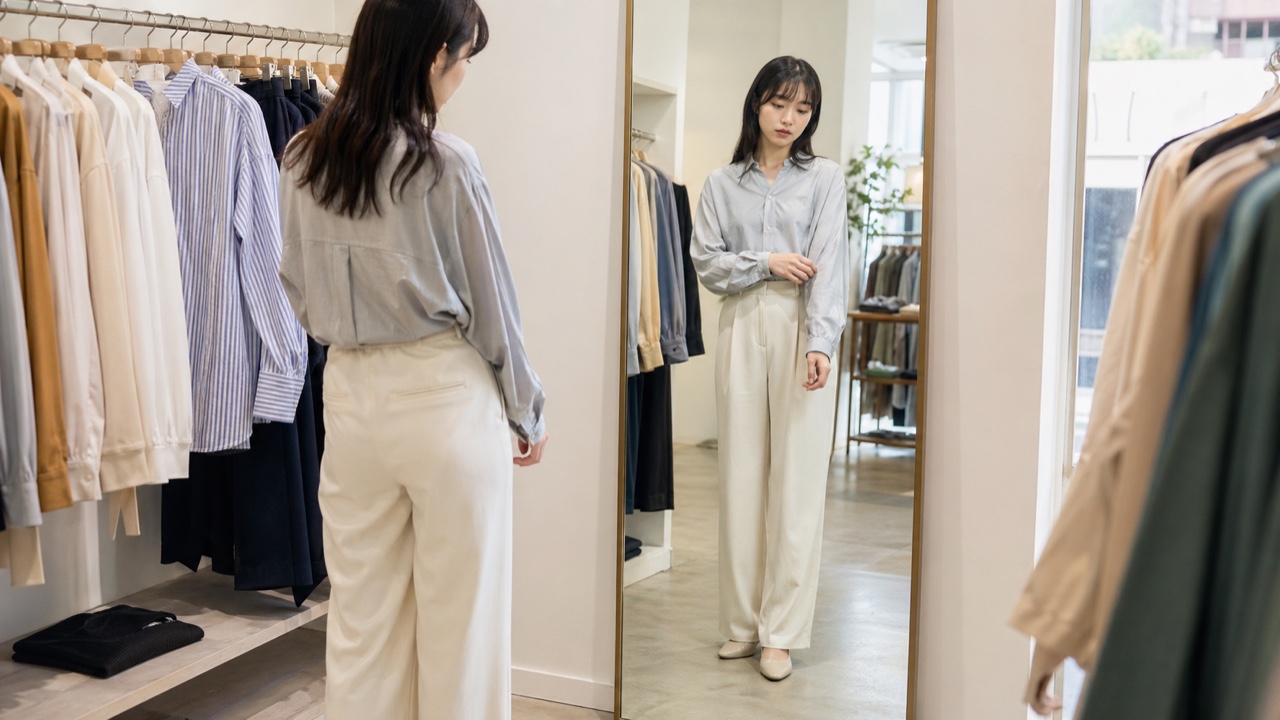 高身長女子が辛いと感じる服の丈やサイズ感を鏡で確認する女性