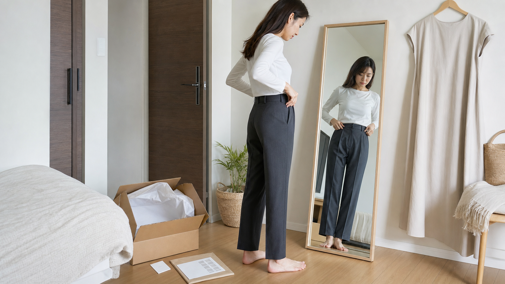 高身長女子が届いたパンツを鏡で確認し返品できる状態で試す様子