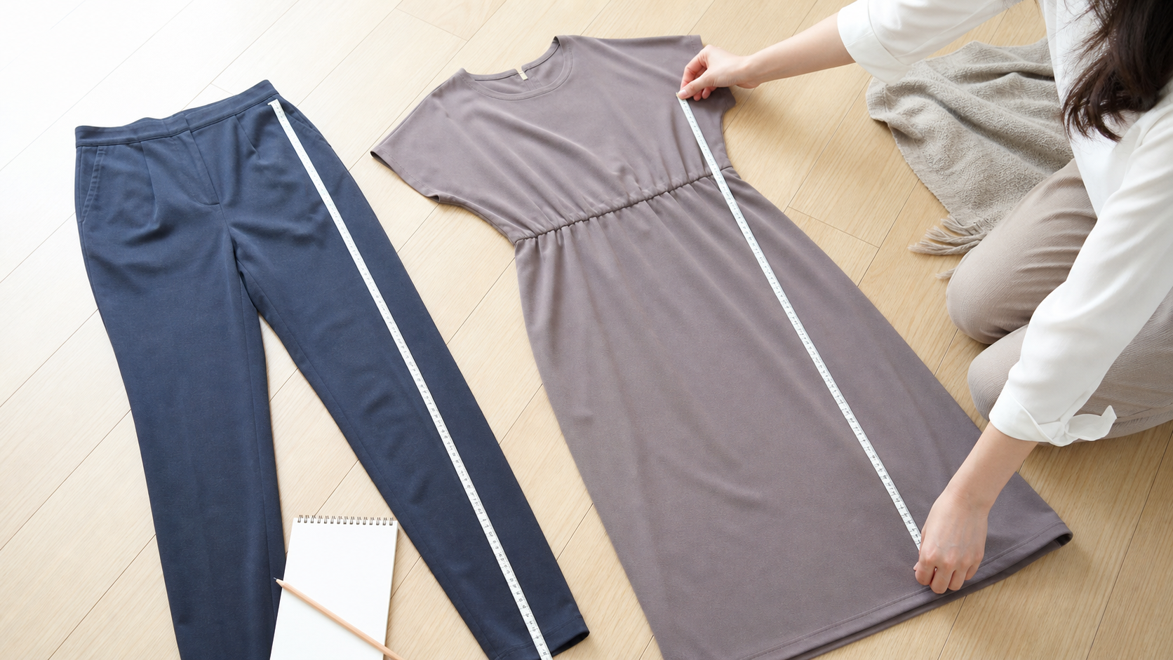 手持ちのパンツとワンピースをメジャーで測って購入基準を作る様子