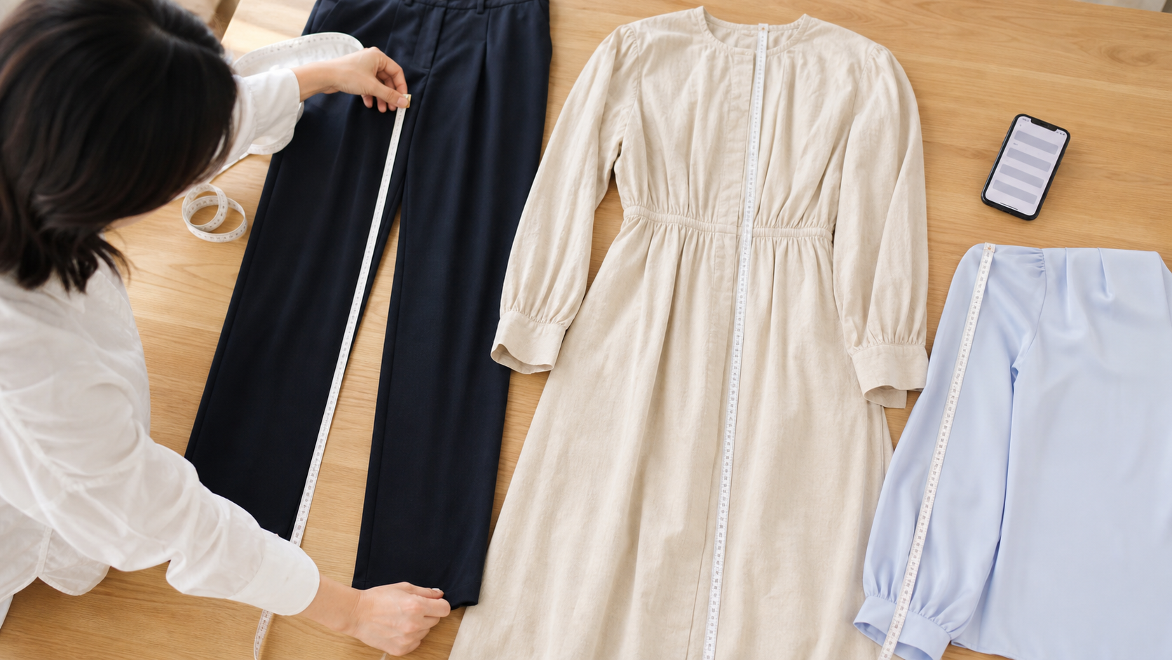 手持ちのパンツとワンピースをメジャーで測って記録する様子