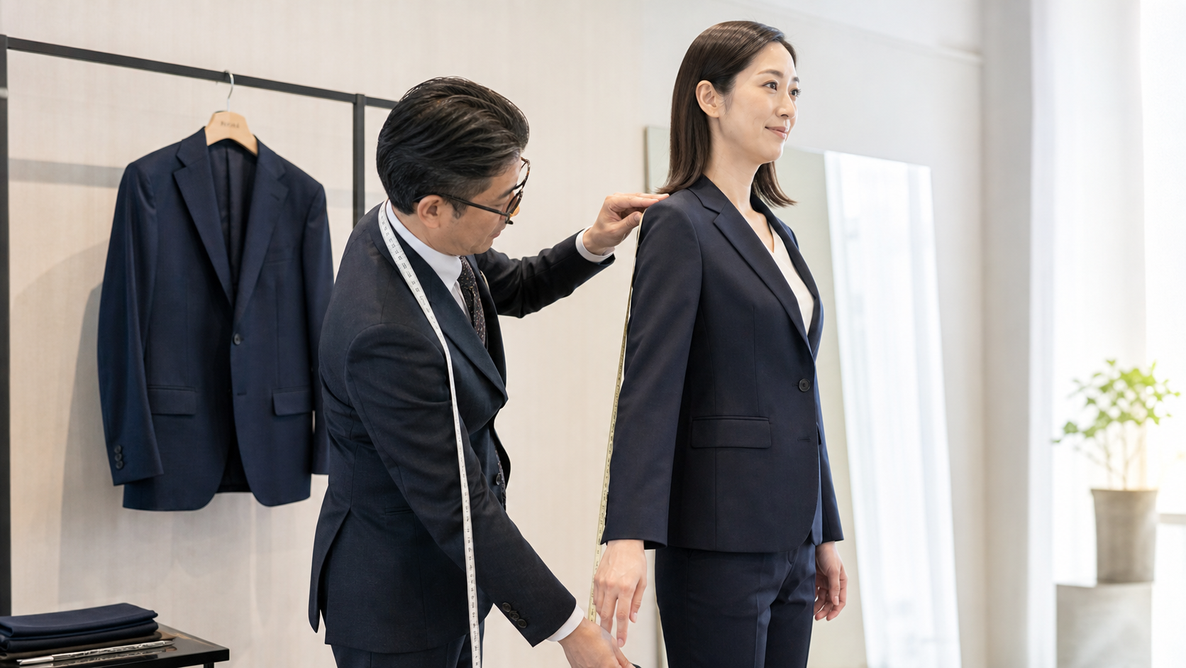 高身長女子がフィッティングルームで袖丈と肩幅を採寸してもらう様子