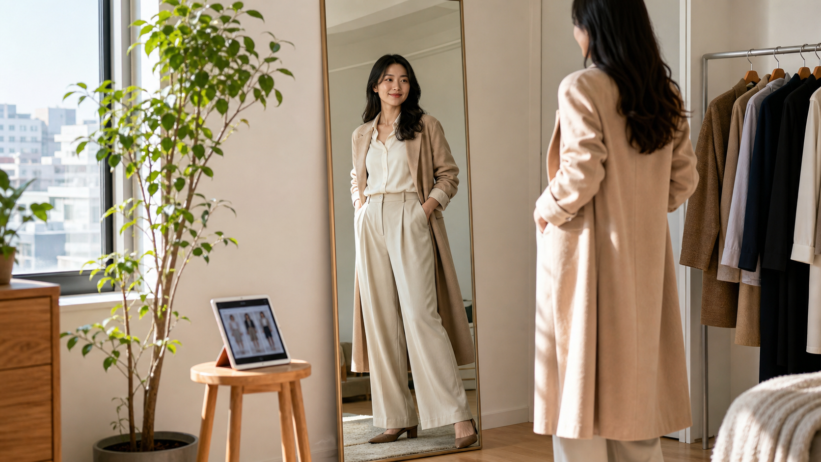 高身長女子がロールモデルの着こなしから自信を得るイメージ