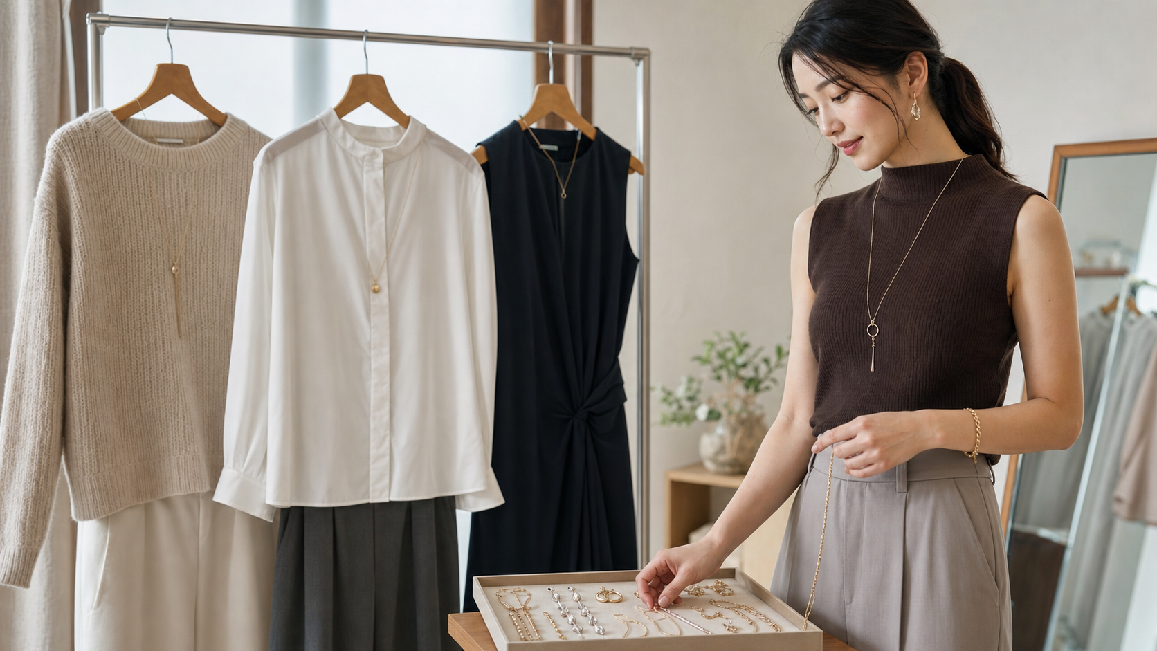 高身長女子が服装に合わせてアクセサリーを選ぶ様子