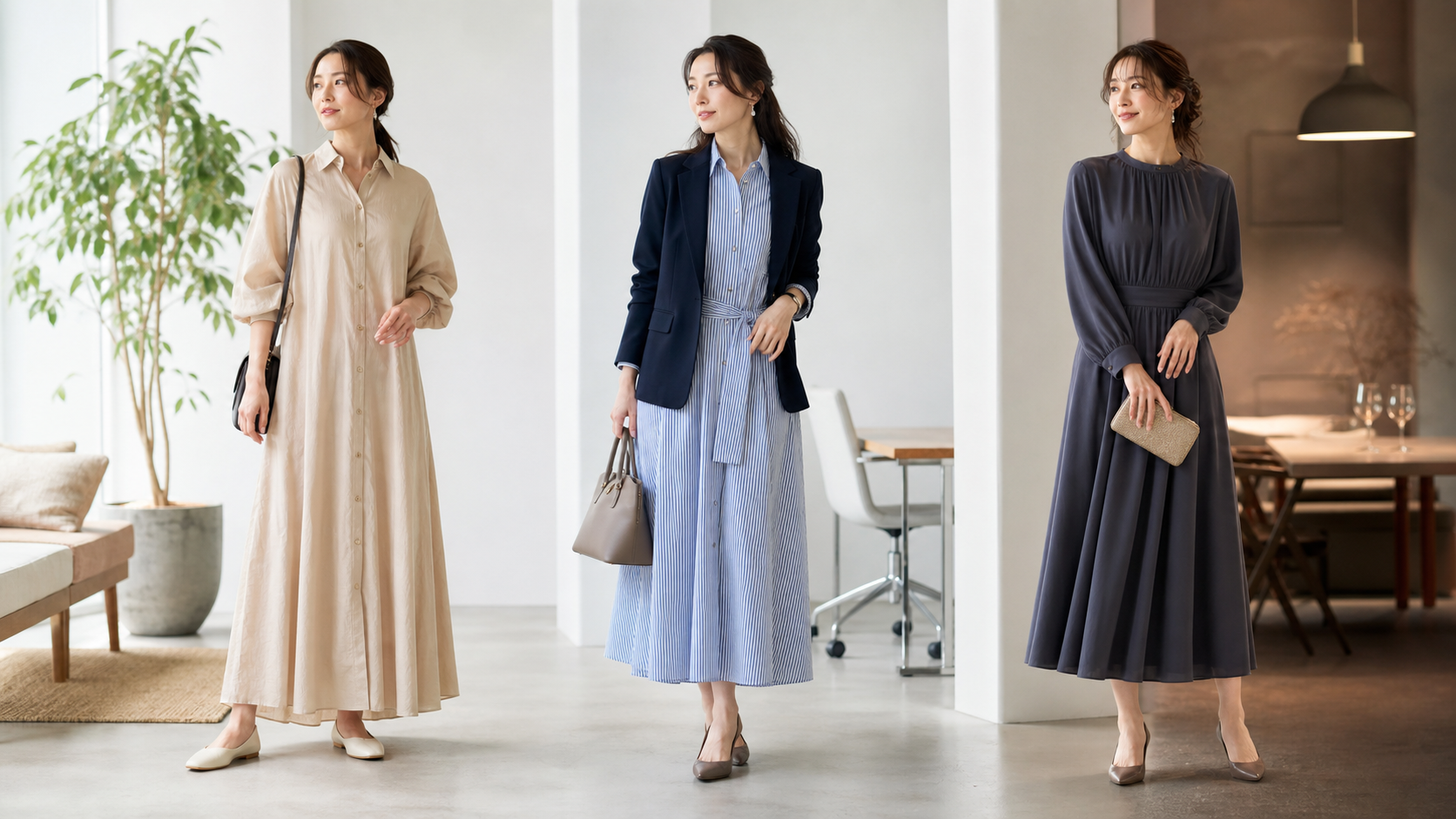 高身長女子が休日とオフィスとお呼ばれでロングワンピースを着こなす様子