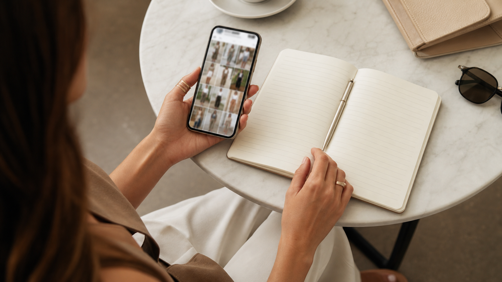 高身長女子がスマホでインスタのコーデ実例を探す様子