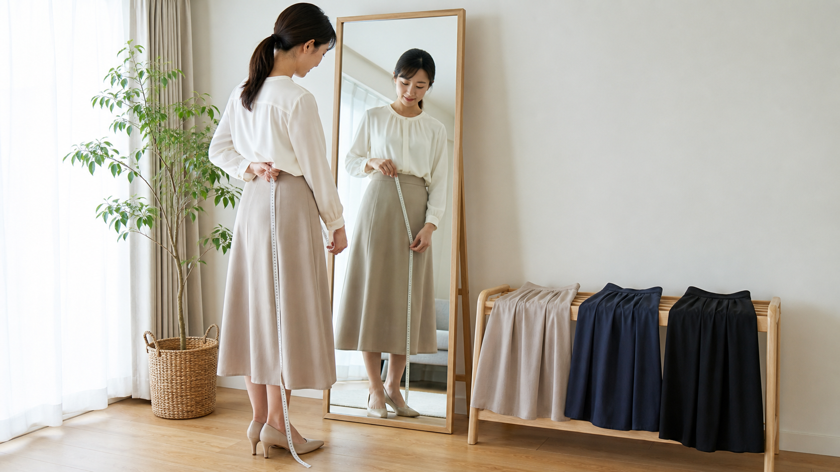 高身長女子が鏡の前でスカート丈をメジャーで確認している様子