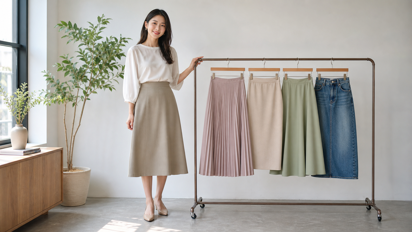 高身長女子がプリーツやタイトなど形別のスカートを比較している様子