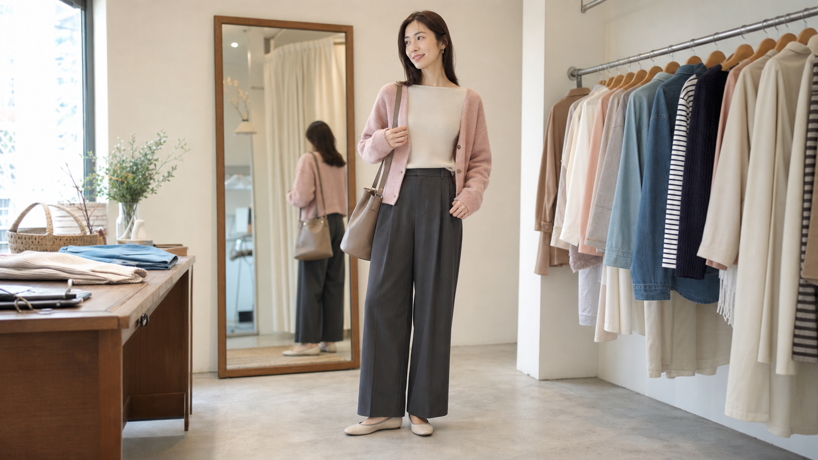 高身長女子が横ラインと淡色レイヤードで柔らかく見えるコーデ