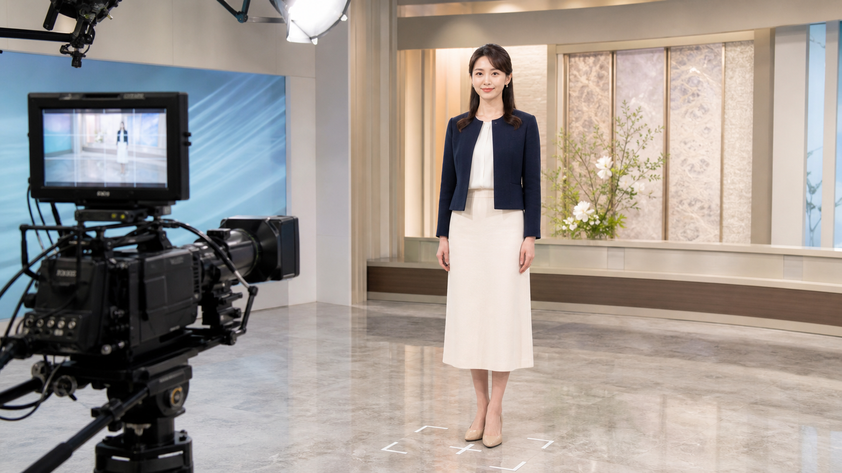 高身長女子アナがスタジオで姿勢よく立つ画面映えのイメージ