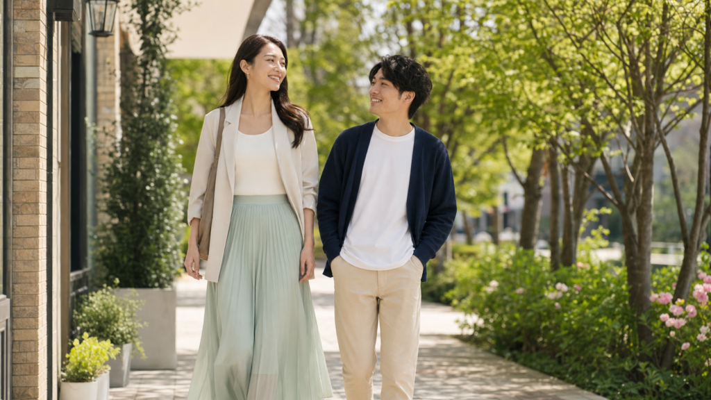 高身長女子と彼氏が自然体でデートを楽しむ様子
