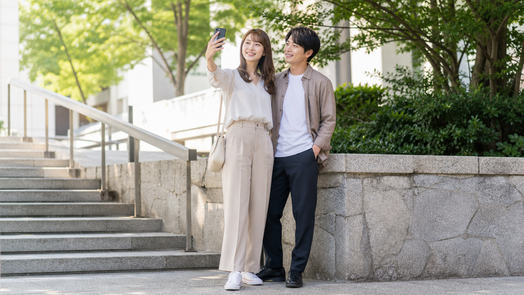 高身長女子と彼氏がデート写真を自然に撮る様子