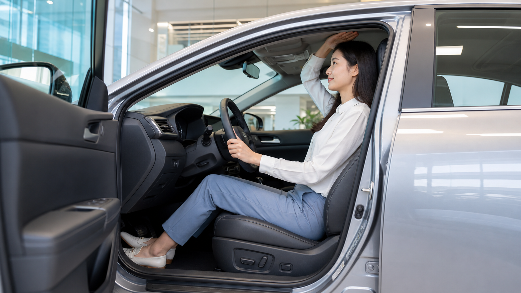高身長女子が運転席で頭上空間とシート調整を確認する様子