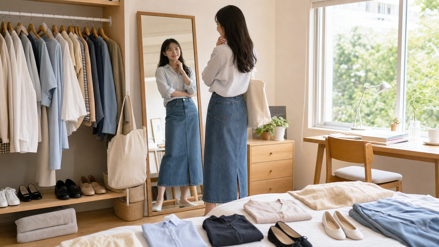 高身長女子の大学生コーデを春夏ワードローブで考える学生