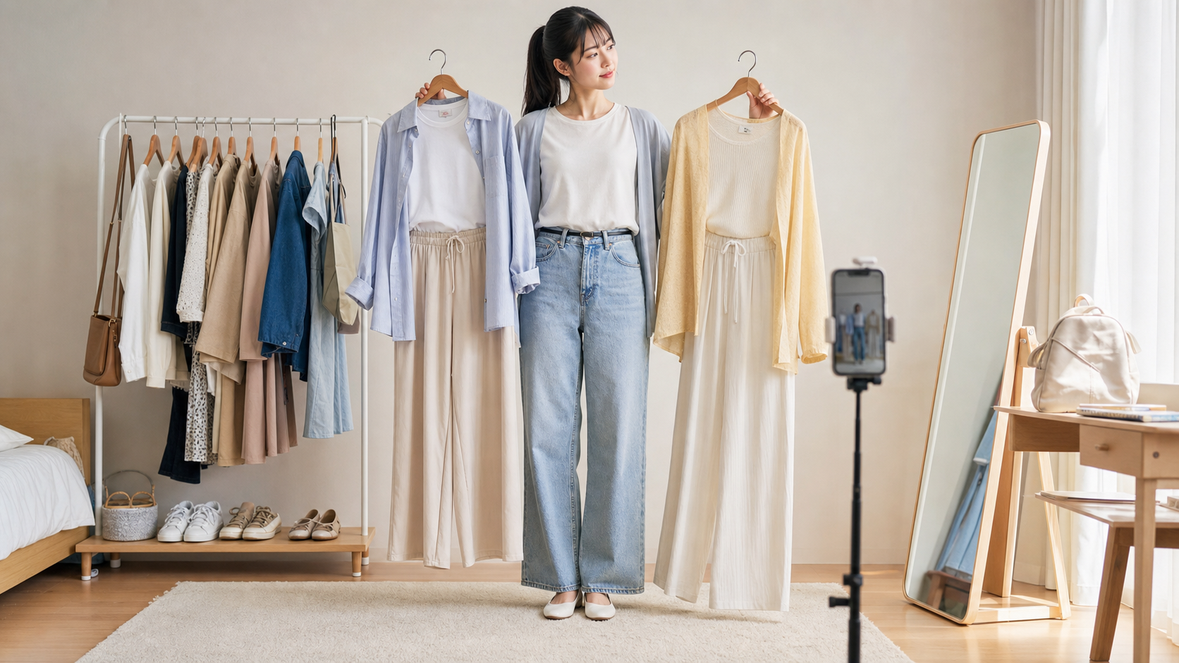 高身長女子の大学生コーデでプチプラ服を比較する学生