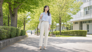 高身長女子の大学生コーデで春夏の通学服を着た学生
