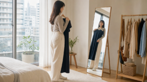 高身長女子がコンプレックスを自信に変えるために鏡の前で服を選ぶ様子