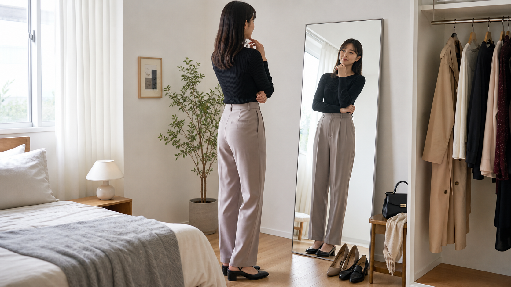 高身長女子が服の丈や視線などの悩みを鏡の前で整理する様子