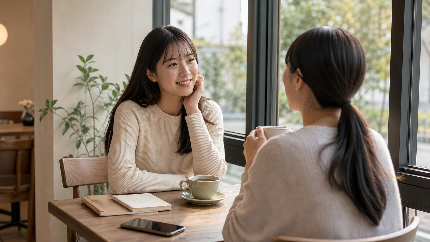 高身長女子が友人と話しながら学生時代の言葉を手放していく様子