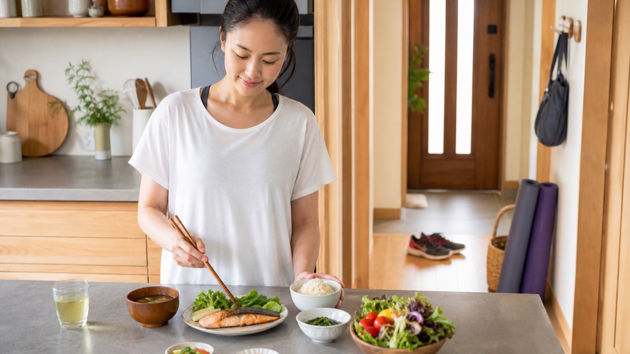 高身長女子が無理な減量ではなく食事と運動で体型管理するイメージ
