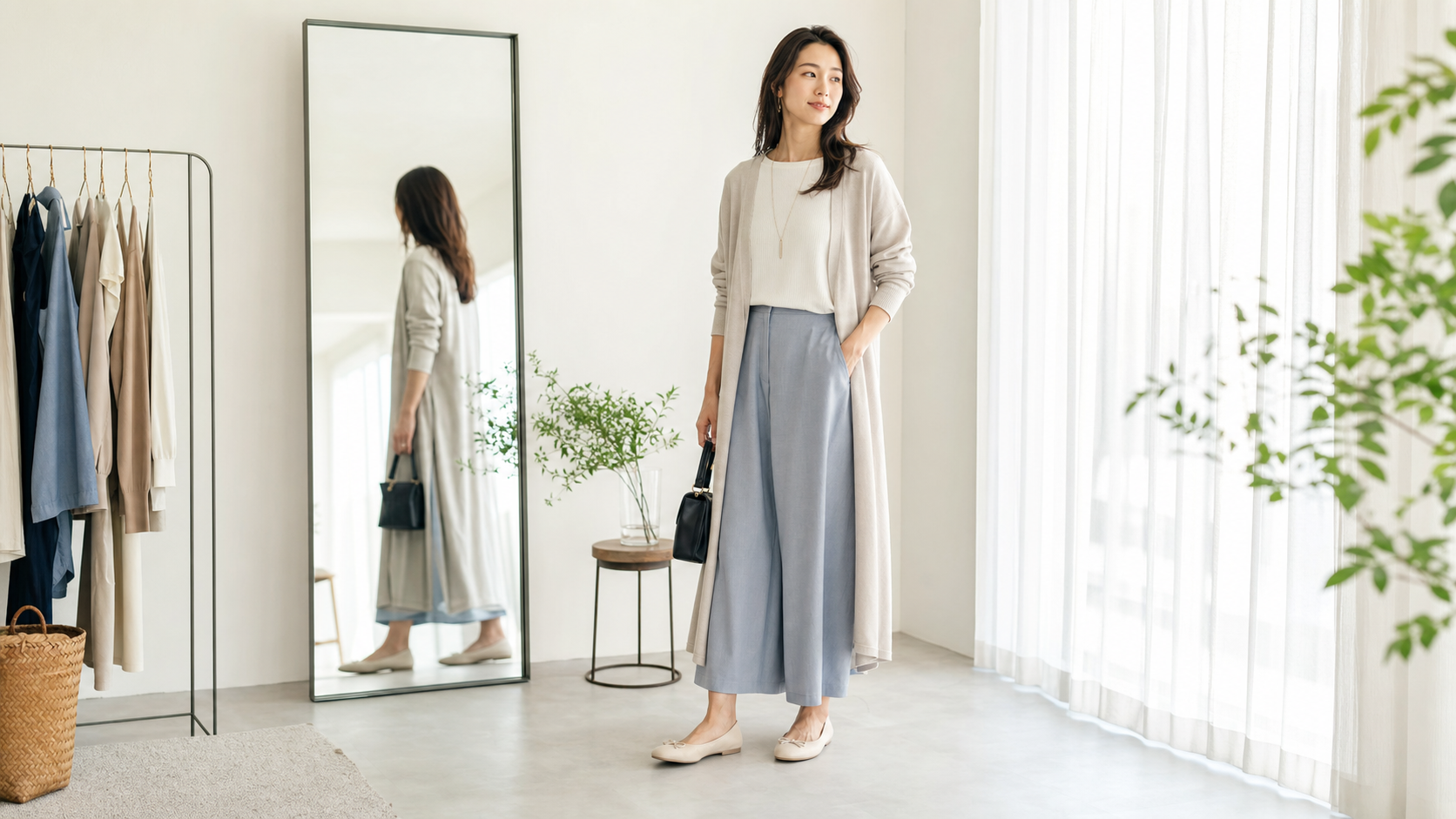 高身長女子が背を低く見せるより柔らかく見える服装を鏡で確認する女性