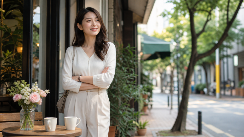 高身長女子が恋愛の悩みを前向きに整えるカフェ前のイメージ