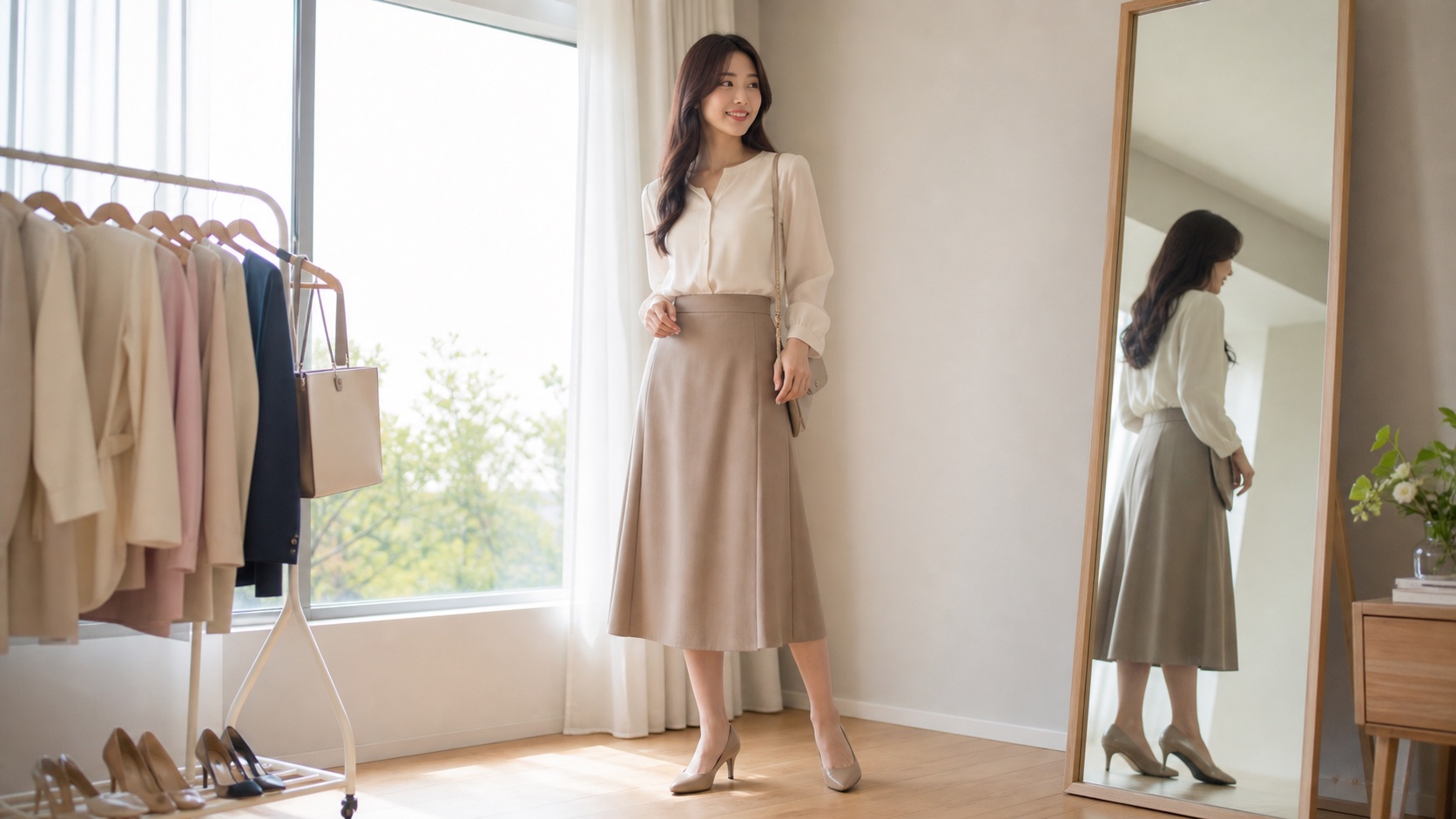 高身長女子がヒールと服装を整えるコーディネート例