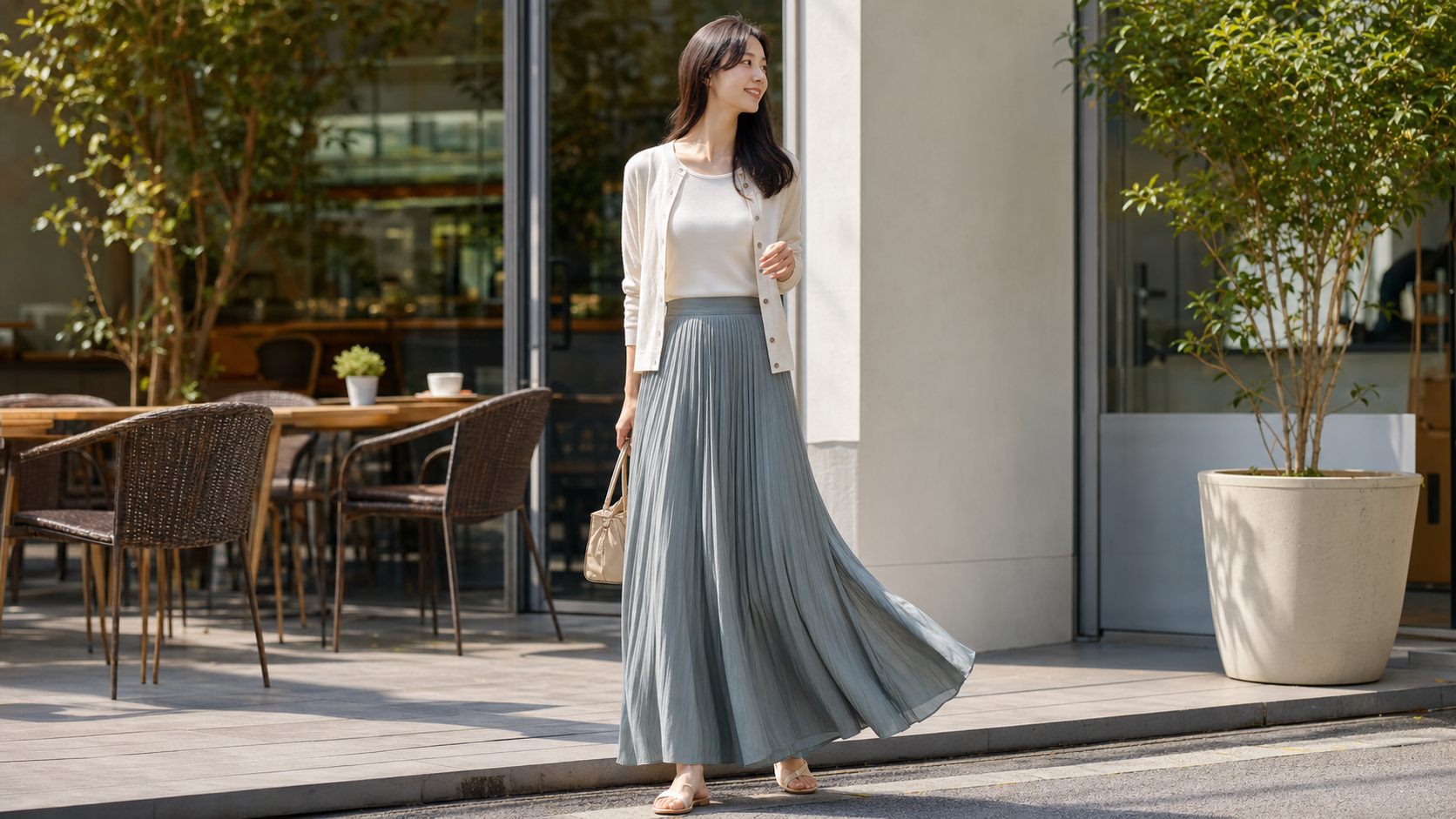 高身長女子のマキシスカートとトップスのバランスコーデ