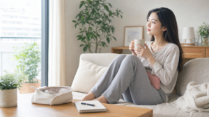 高身長女子が生理中に温かい飲み物と記録ノートで体をいたわる様子