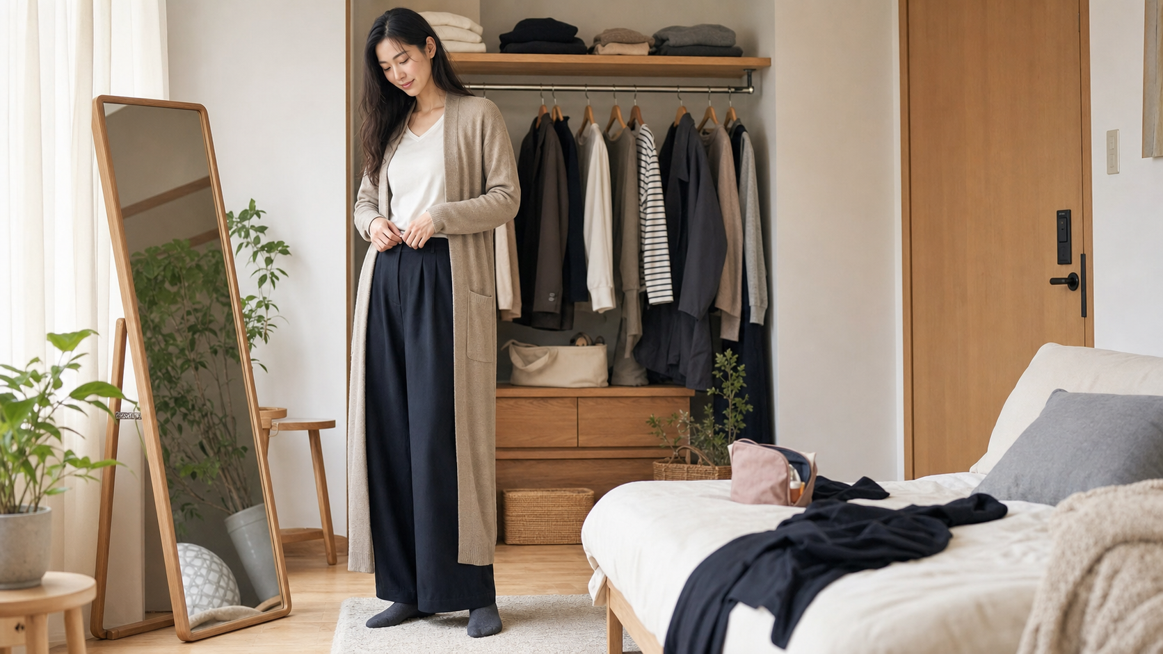 高身長女子が生理中に漏れにくく締め付けない服装を選ぶ様子