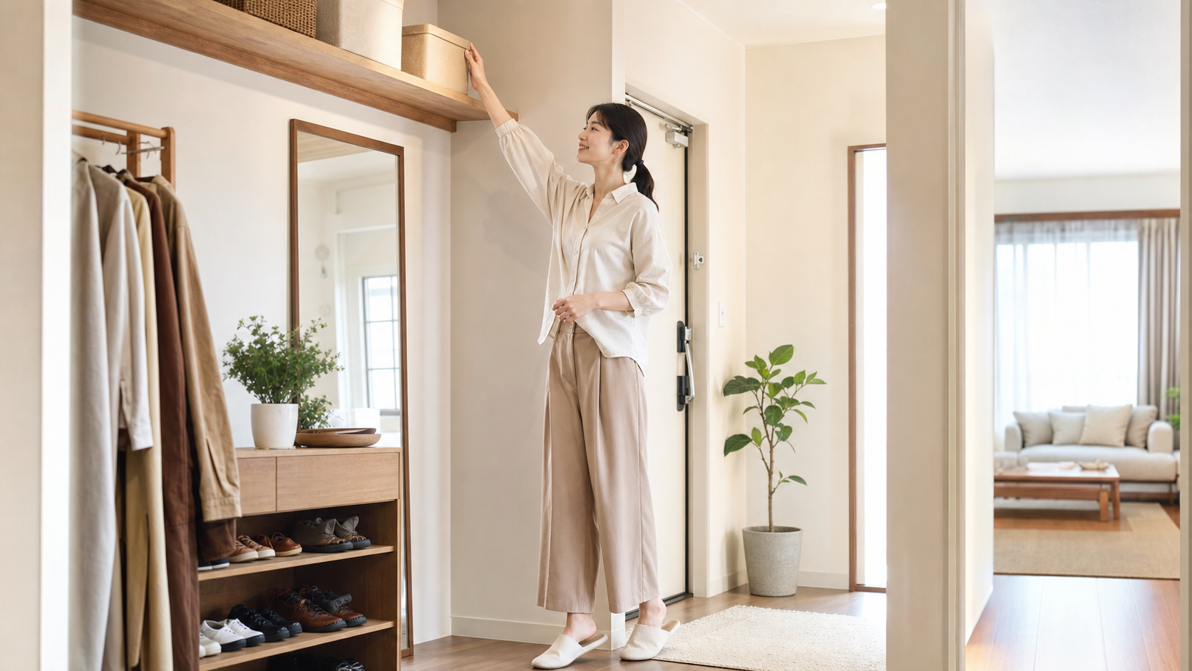 高身長女子が日常で高い棚に自然に手を伸ばすイメージ