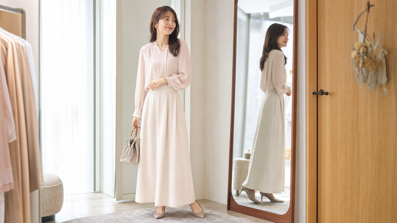 高身長女子が柔らかいデート服を鏡で確認するイメージ