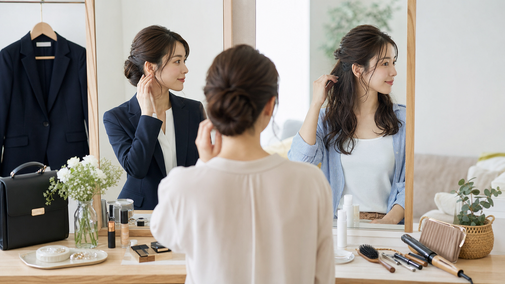 高身長女子が通勤と休日のシーン別ヘアアレンジを鏡で確認するイメージ