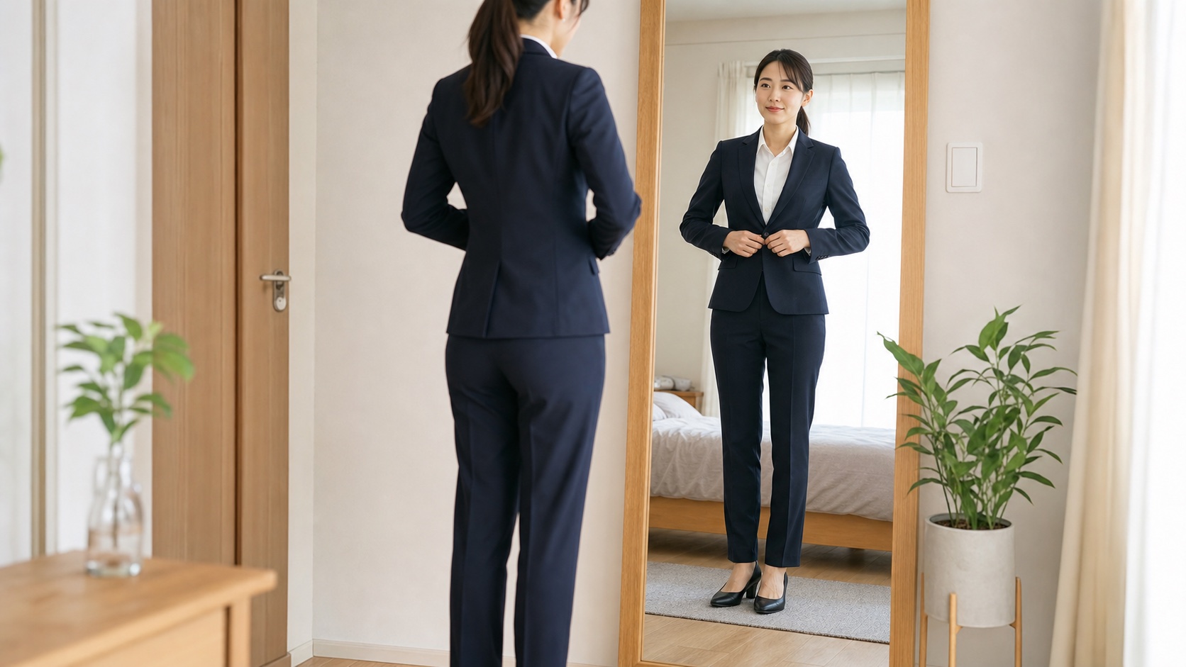 高身長女子が面接前にスーツ姿を確認する様子