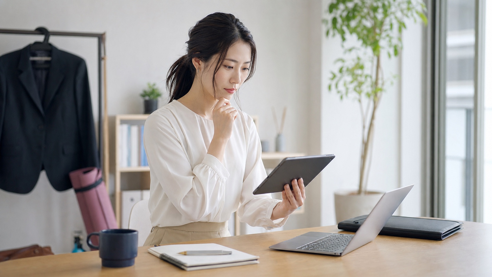 高身長女子が向いている仕事をタブレットで比較する様子