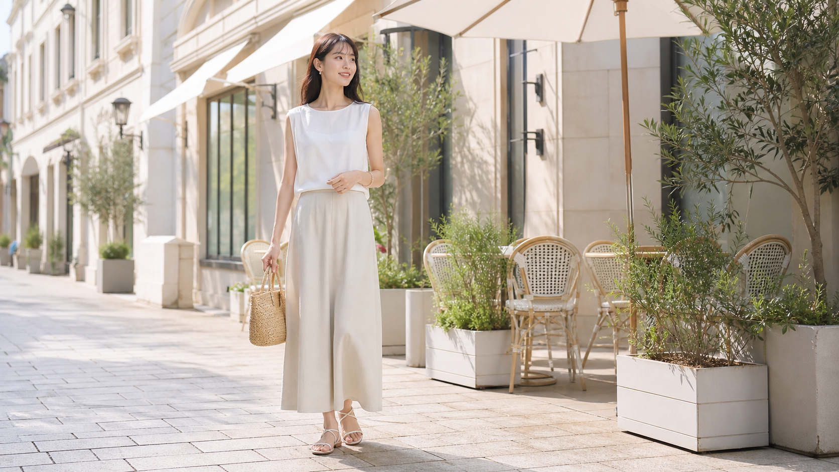 高身長女子の夏コーデに合わせる白系サンダルとロング丈ボトムス