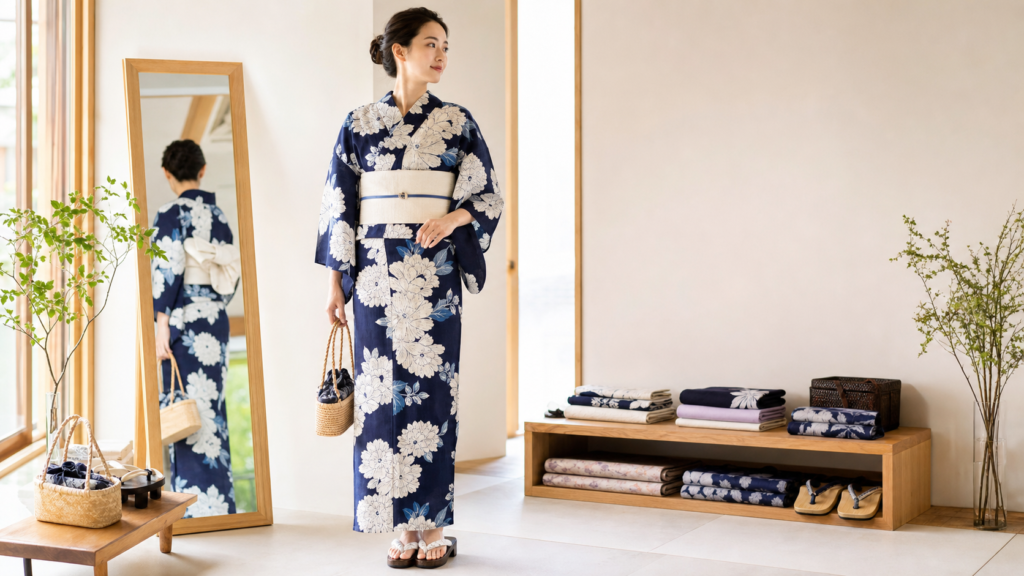 高身長女子が浴衣の丈感と全身バランスを鏡で確認する様子