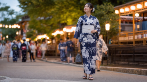高身長女子が丈の合う浴衣で夏祭りを楽しむ様子