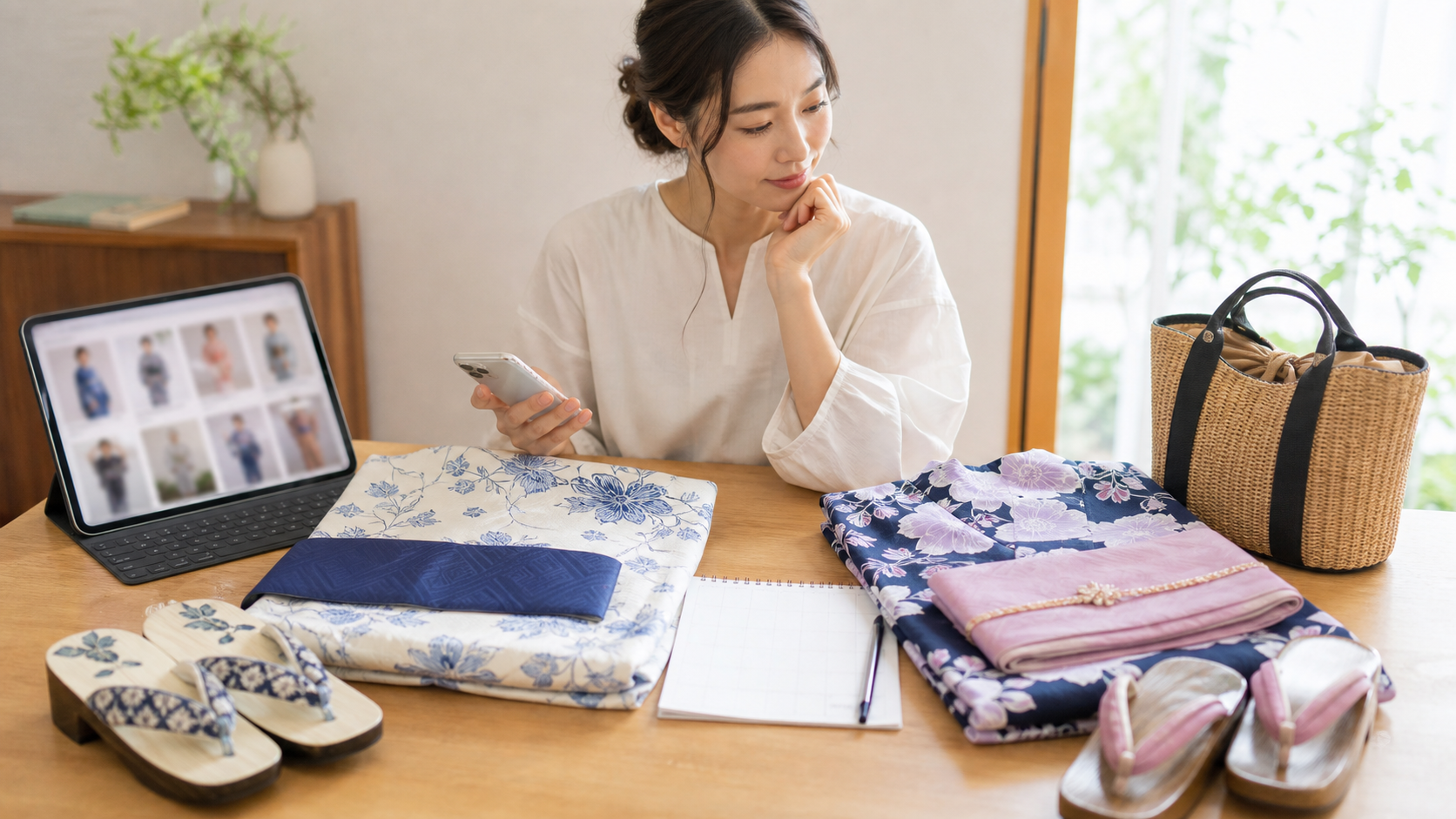 高身長女子が浴衣の通販購入とレンタルを比較している様子
