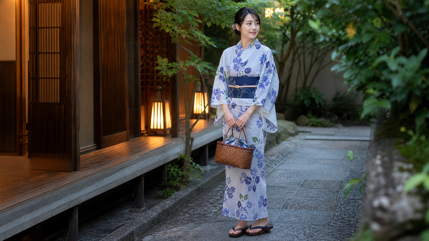 高身長女子が浴衣に下駄とバッグを合わせて夏コーデを整える様子