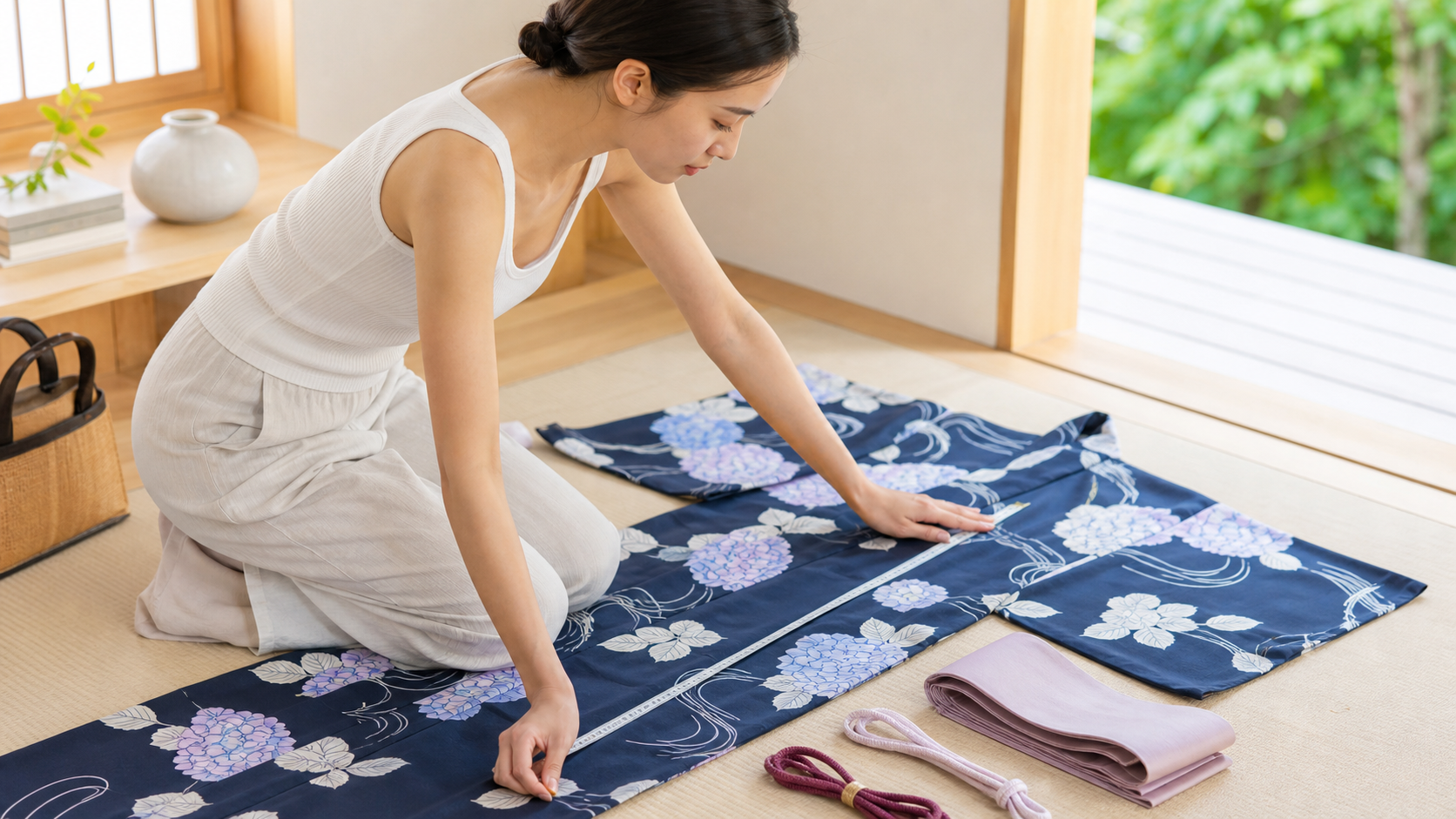 高身長女子が浴衣の身丈と裄を採寸して確認する様子