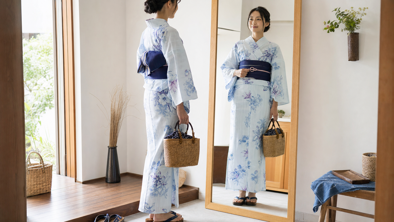 高身長女子が浴衣の帯位置とおはしょりを鏡で整える様子