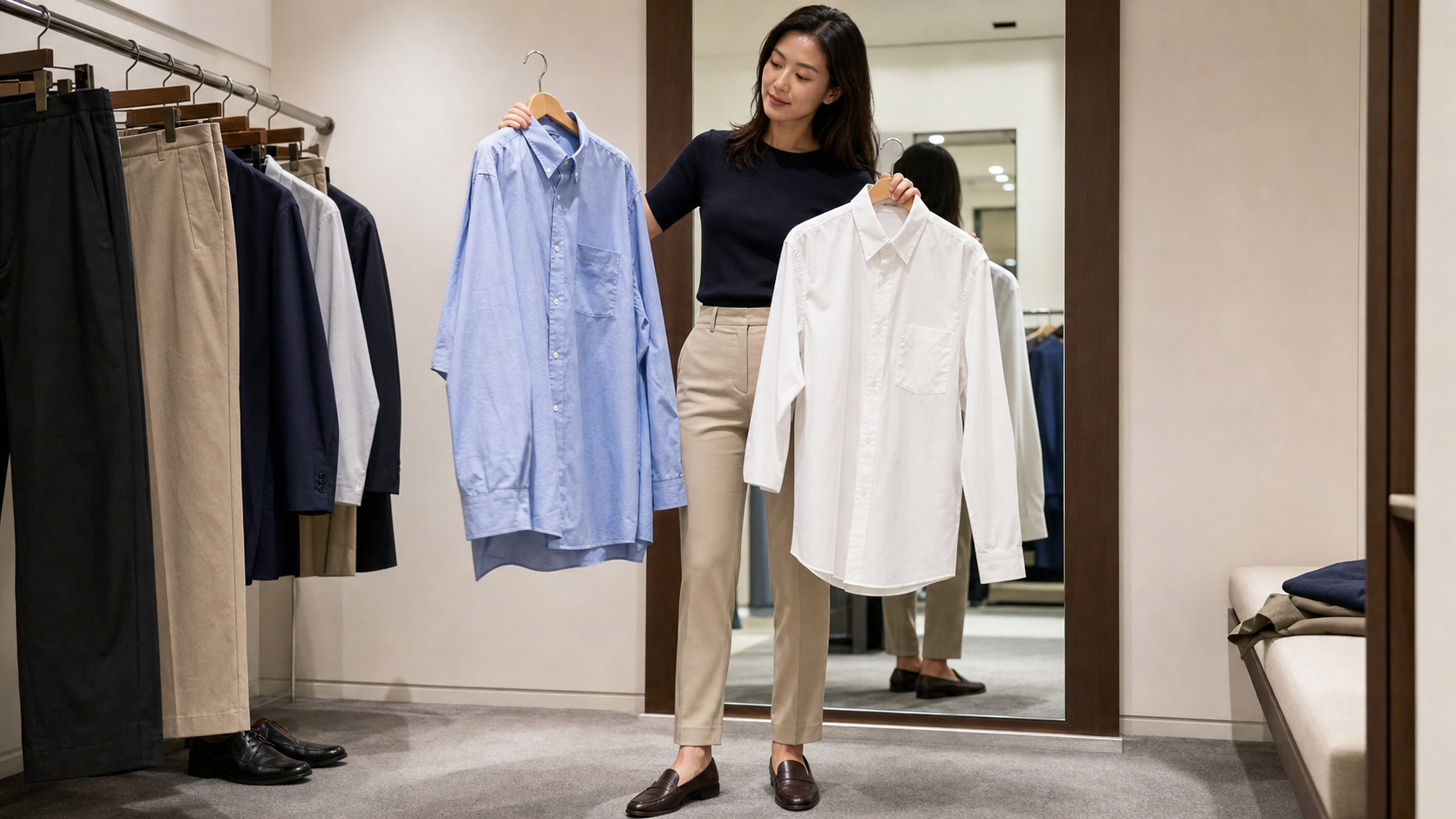 試着室でメンズシャツのサイズを比較する高身長女子
