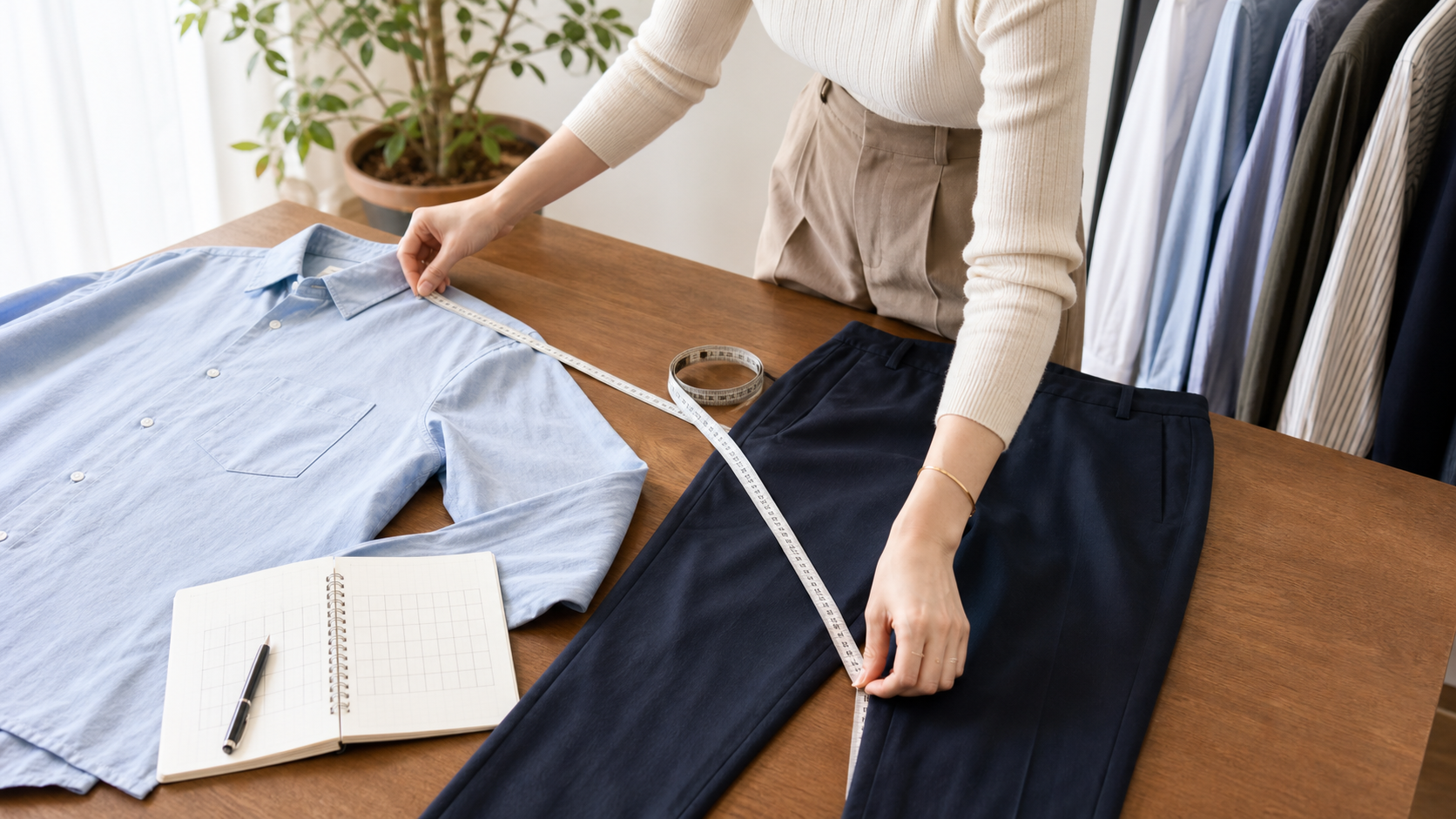 メンズ服の肩幅と股下を測ってサイズを確認する様子