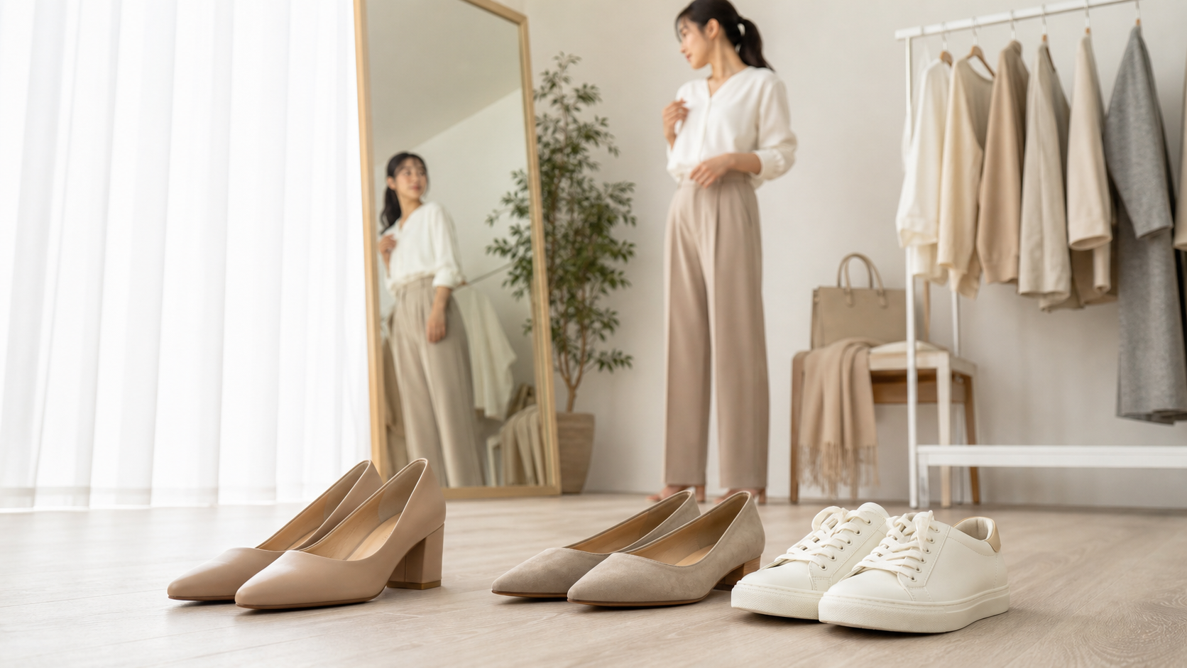 高身長女子向けのヒール フラット スニーカーを比較する様子
