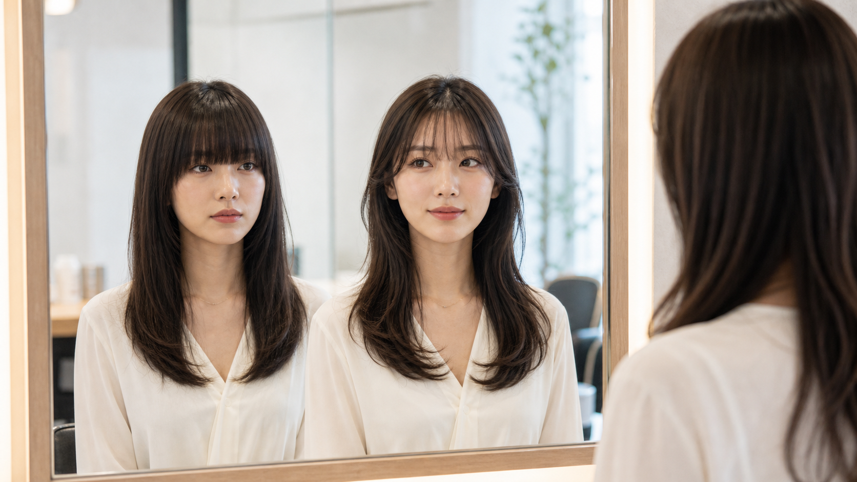 重すぎる前髪と軽い前髪の印象を鏡で比べる高身長女子