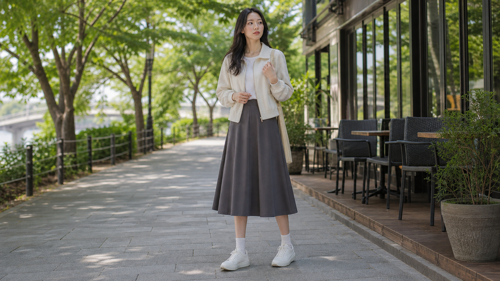 高身長女子のスカートとスニーカーのバランスコーデ