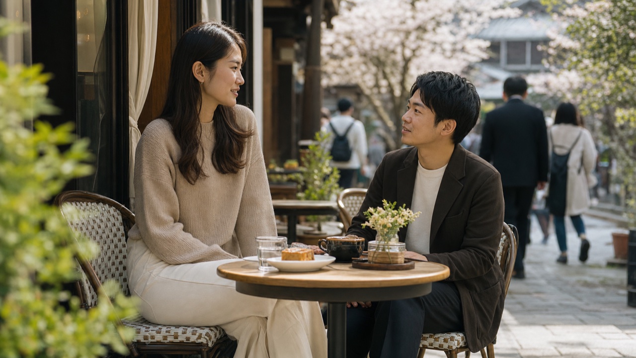 高身長女子と低身長男子カップルがカフェで会話するイメージ