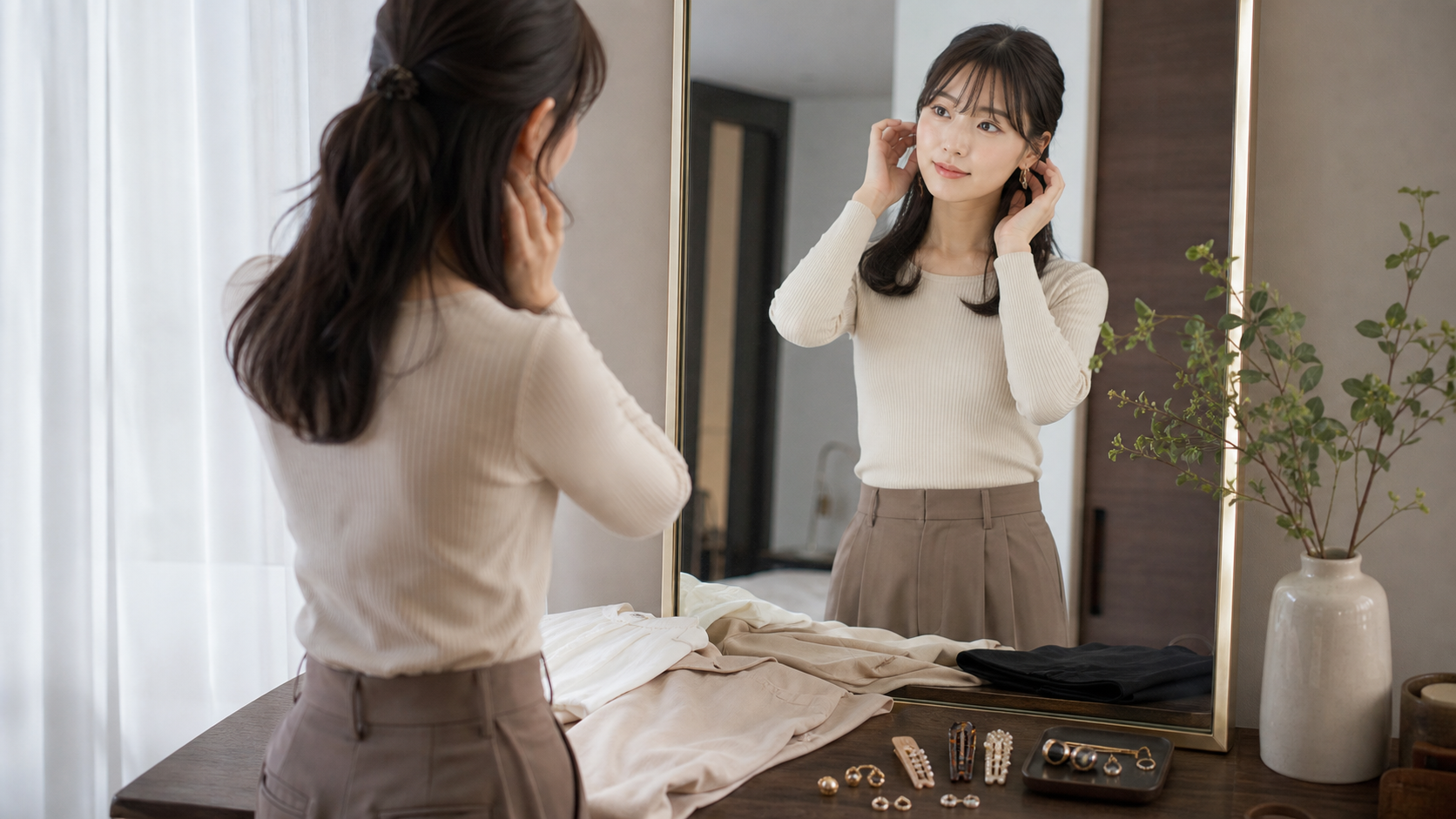 前髪とアクセサリーのバランスを確認する高身長女子