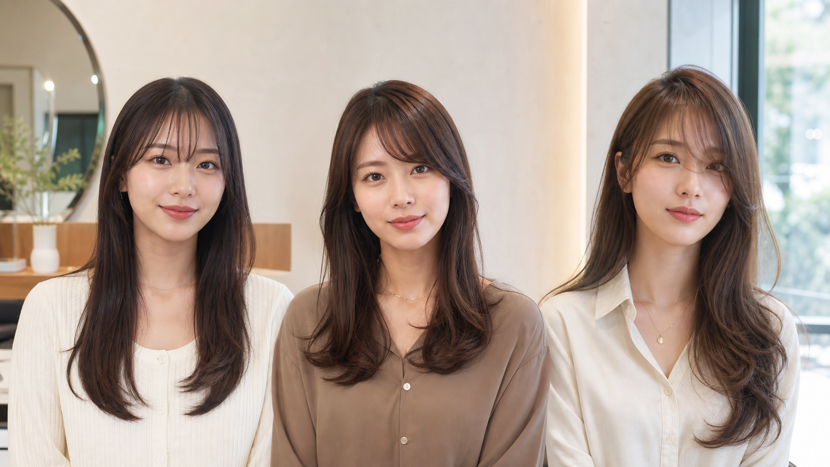 顔型別に似合う前髪とサイドバングを比較する高身長女子