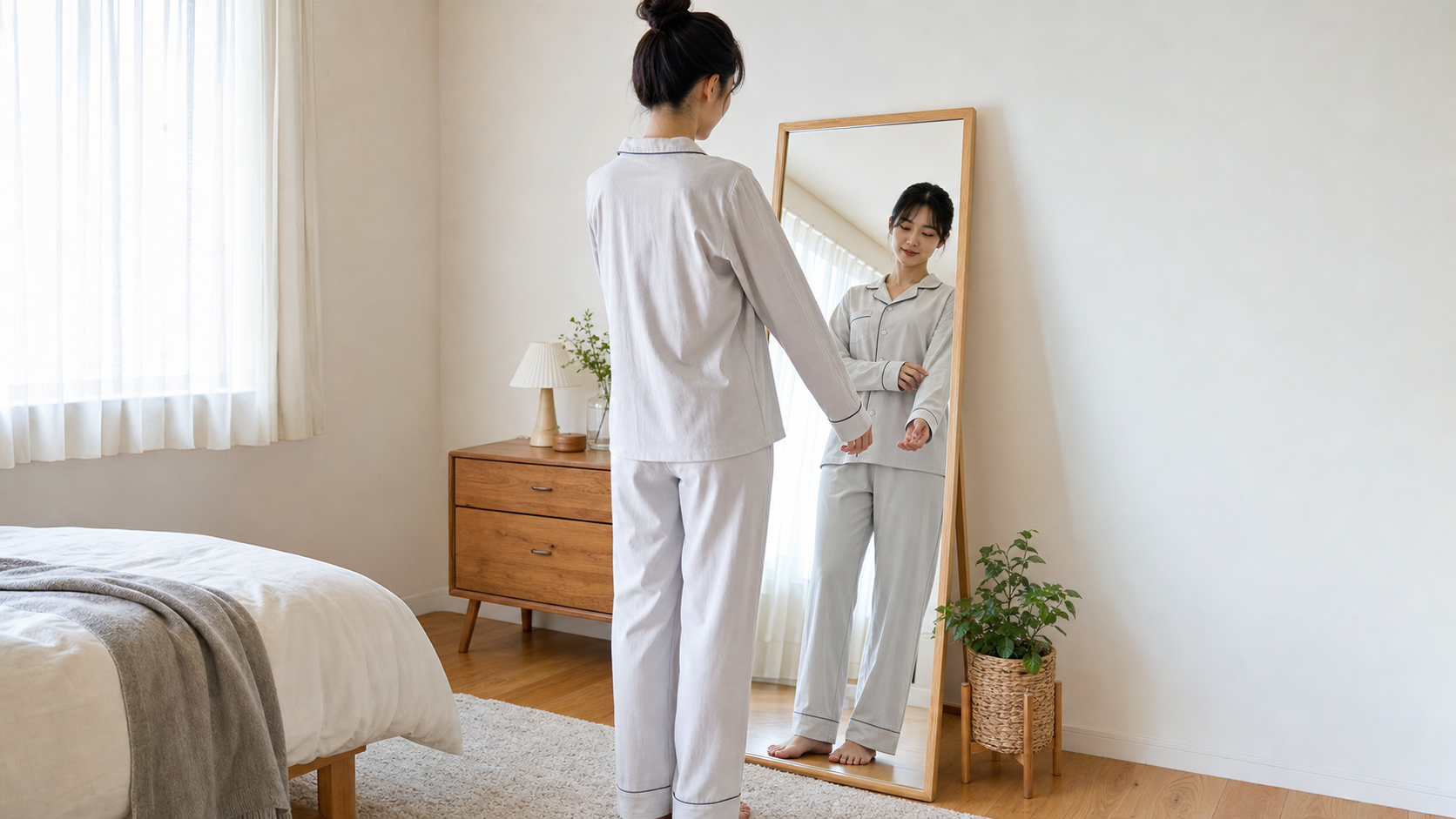 高身長女子がパジャマの袖丈と股下を鏡で確認する様子